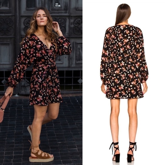 ALC Silk Chiffon Floral Print Puff Long Sleeve V-Neck Tie Belt Wrap Mini Dress 4 - Picture 5 of 15
